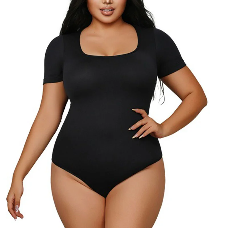 GUUDIA Plus Size 4XL Short Sleeve Shaper Bodysuit Square Neck Shapewear Bodysuit Tummy Control Body Shaper Bodysuit U Neck