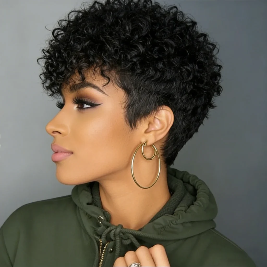 Natural Black Short Pixie Cut Wig Curly Human Hair Wig with Pre Plucked Bangs for Women Hair full Machine Made Wig
