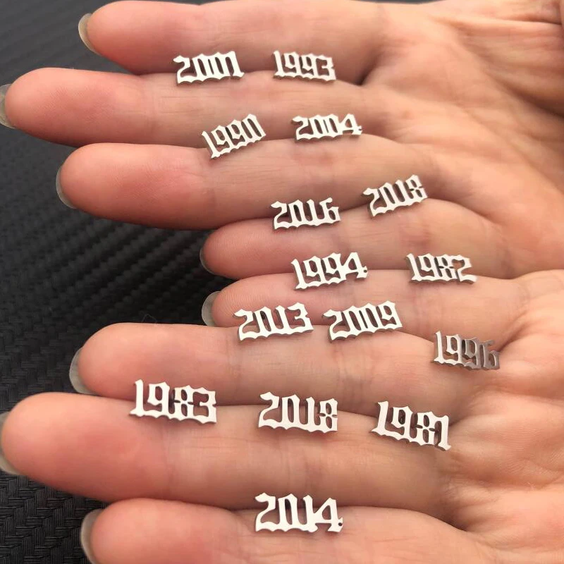 Tiny Year Number Stainless Steel Earrings for Women Men 1980 1999 2000 Old English Piercing Ear Jewelry Birthday Gift 1980-2019