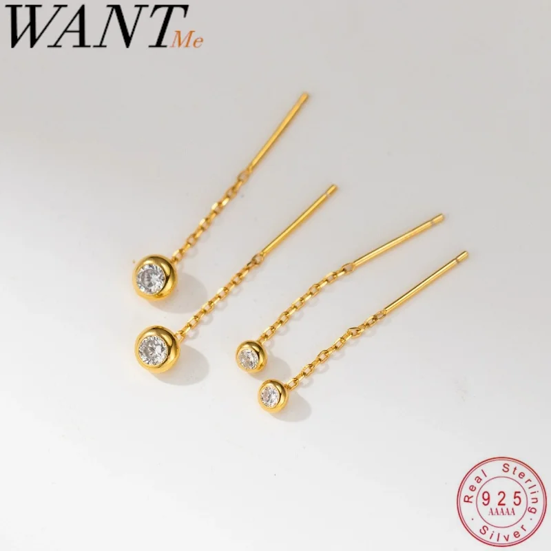 WANTME 925 Sterling Silver Minimalist Round CZ Tassel Piercing Ear Thread for Women Delicate Elegant Earring Ear Line Jewelry