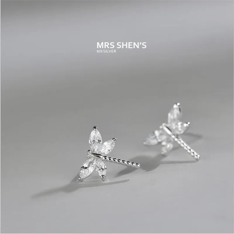 New Fashion Temperament Dragonfly 925 Sterling Silver Jewelry Personality Not Allergic Exquisite Crystal Stud Earrings E067